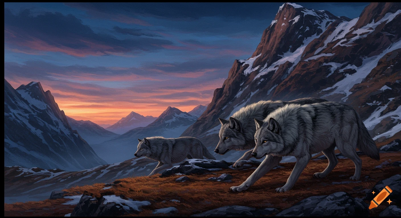 Three wolves walk through a mountain landscape at sunset, digital painting.
