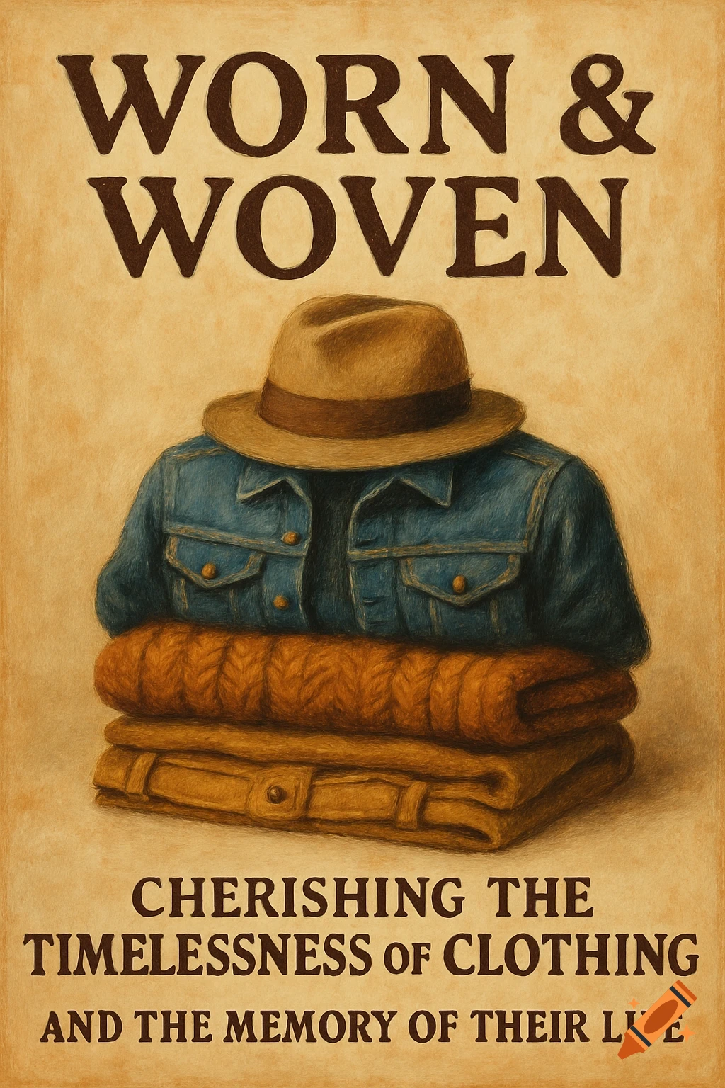 A poster for 'Worn & Woven' brand with a stack of clothes (hat, jacket, sweater, pants) and text about cherishing clothing.