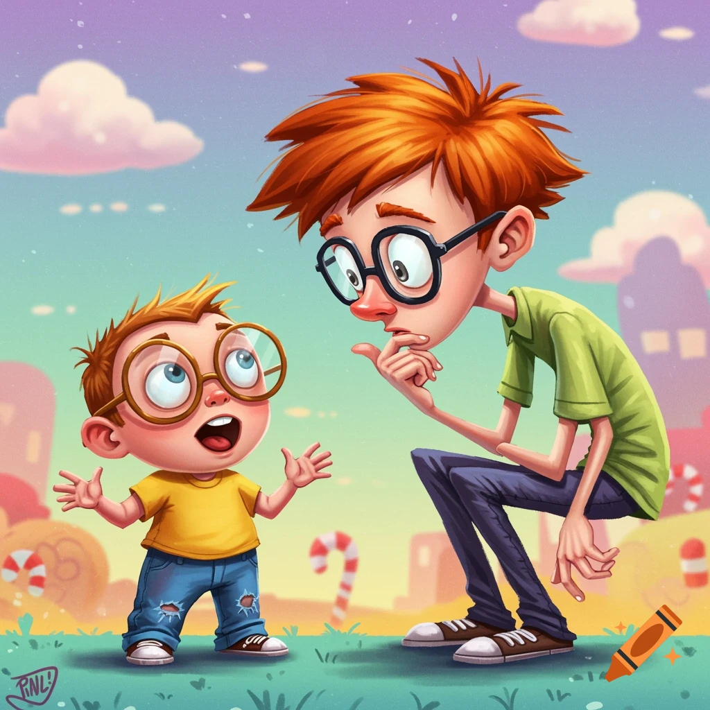 Two stylized cartoon boys with ginger hair and glasses talking outdoors.