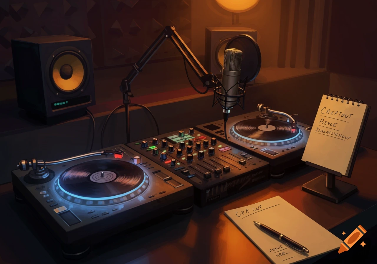 An illustration of a DJ setup with turntables, a mixer, a microphone, and pads of paper in a studio.