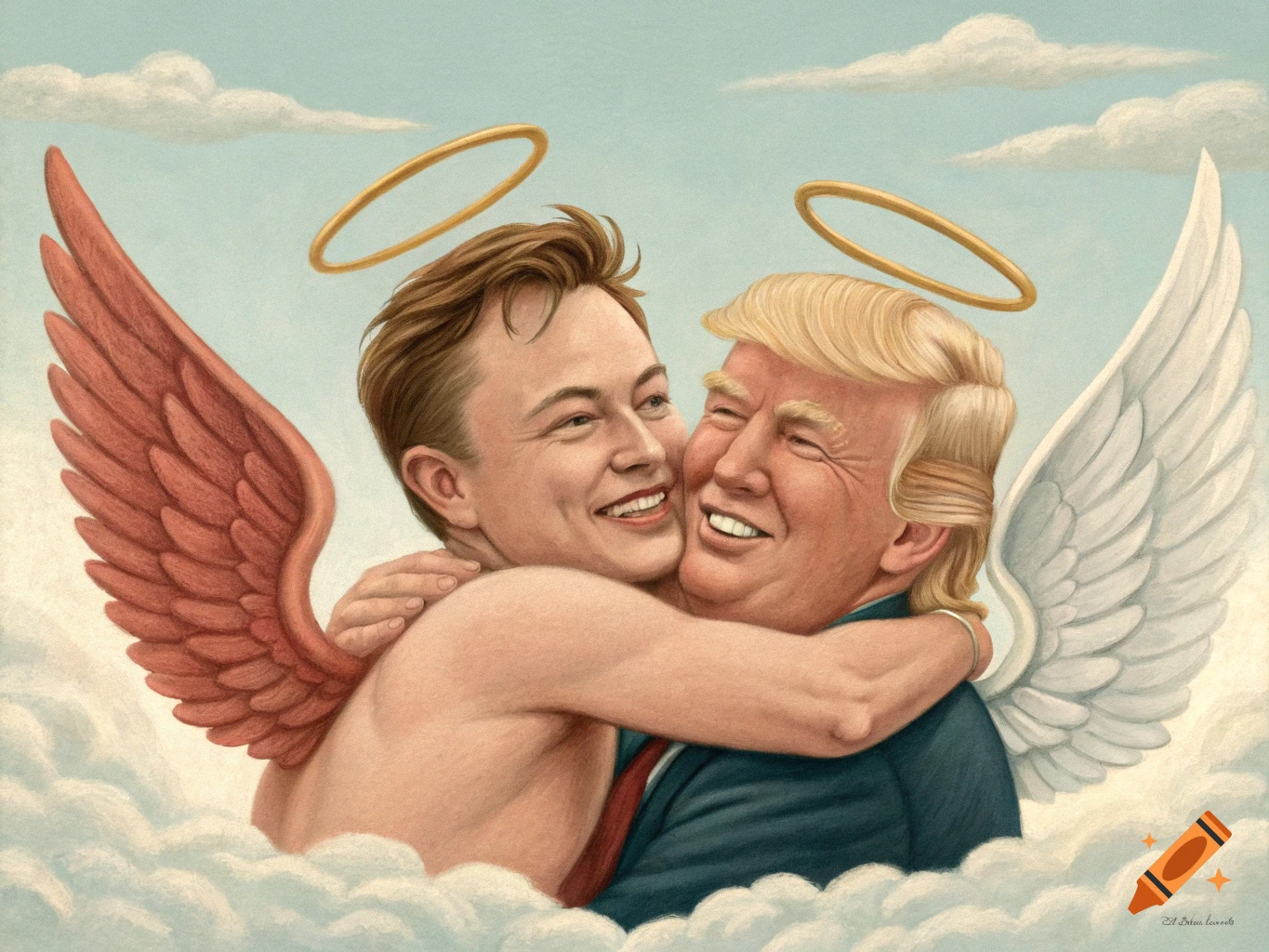 Painting of Elon Musk and Donald Trump as cherubs hugging in the sky