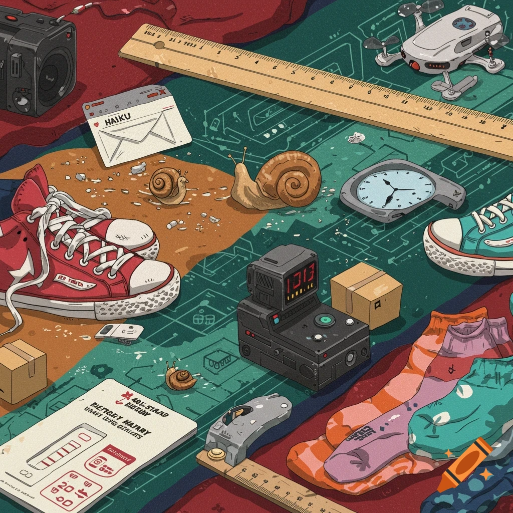 Still life illustration of various objects including sneakers, snails, rulers, socks, drone, camera, and a paternity test form on a patterned surface.