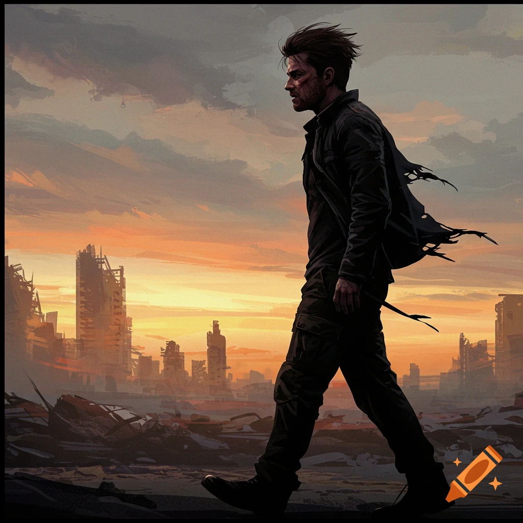 A man walks through a ruined city at sunset in an illustration.