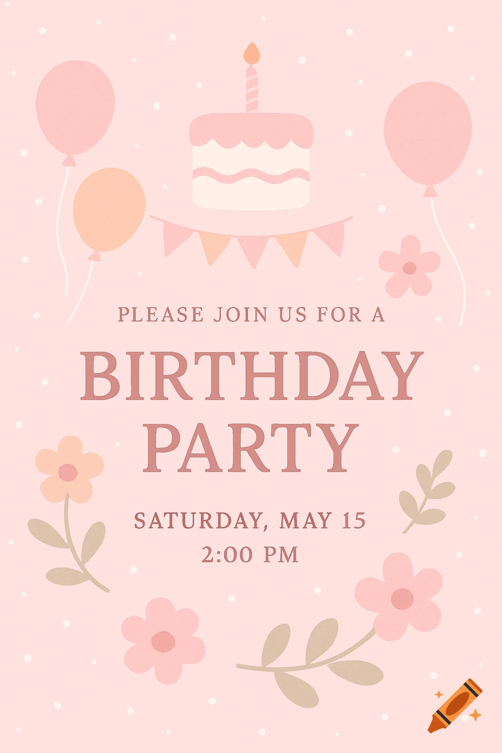 Pastel pink birthday invitation with a cake, balloons, flowers, and text saying 'Please Join Us For A Birthday Party, Saturday, May 15, 2:00 PM'.