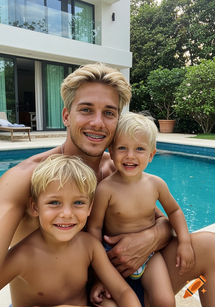 Man with two young boys by a pool, smiling