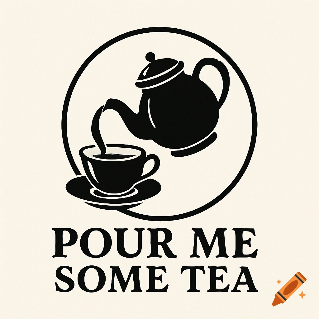 Black and white logo of a teapot pouring tea into a cup with the text 'POUR ME SOME TEA'.