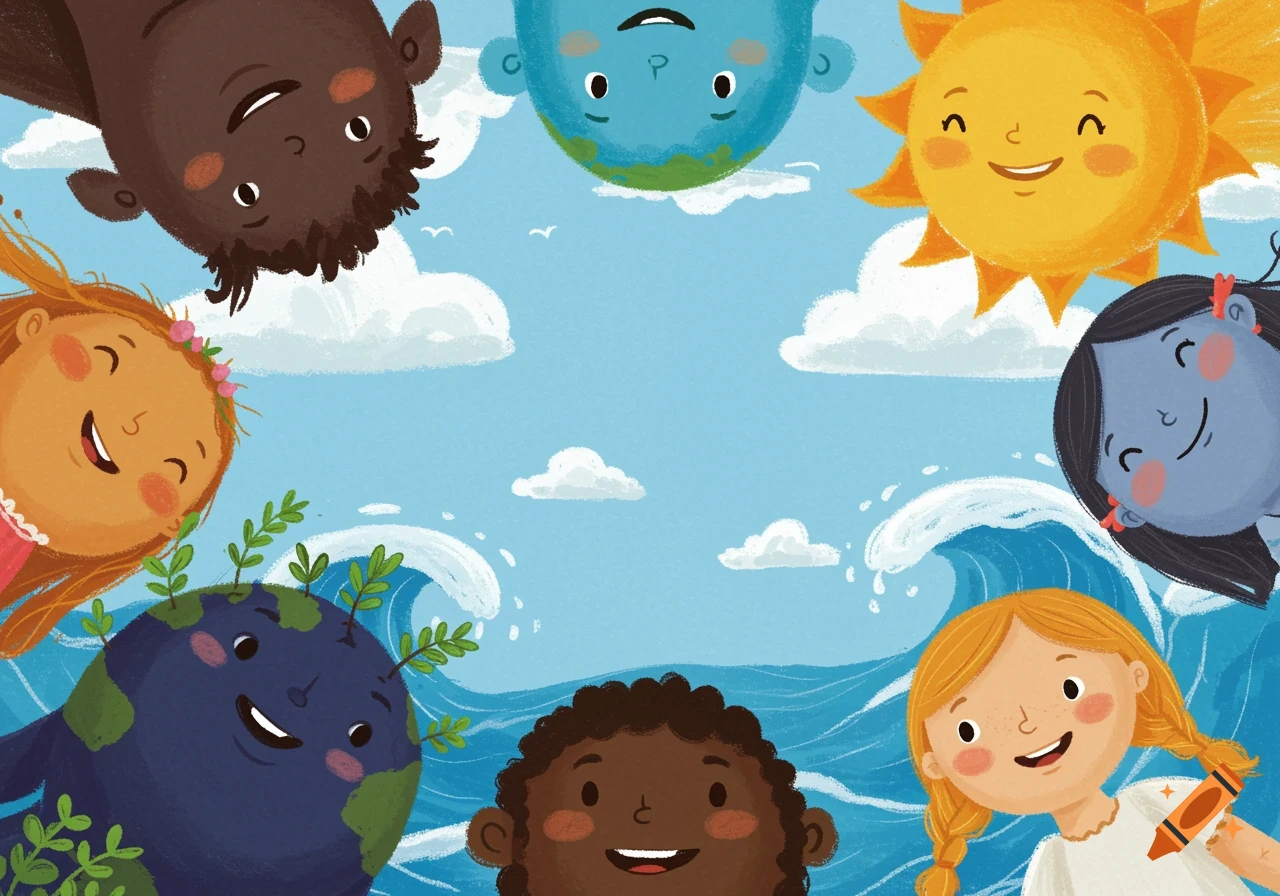 Children's illustration of diverse cartoon faces of children, Earth, Sun, and Ocean smiling around a sky background with clouds and waves.