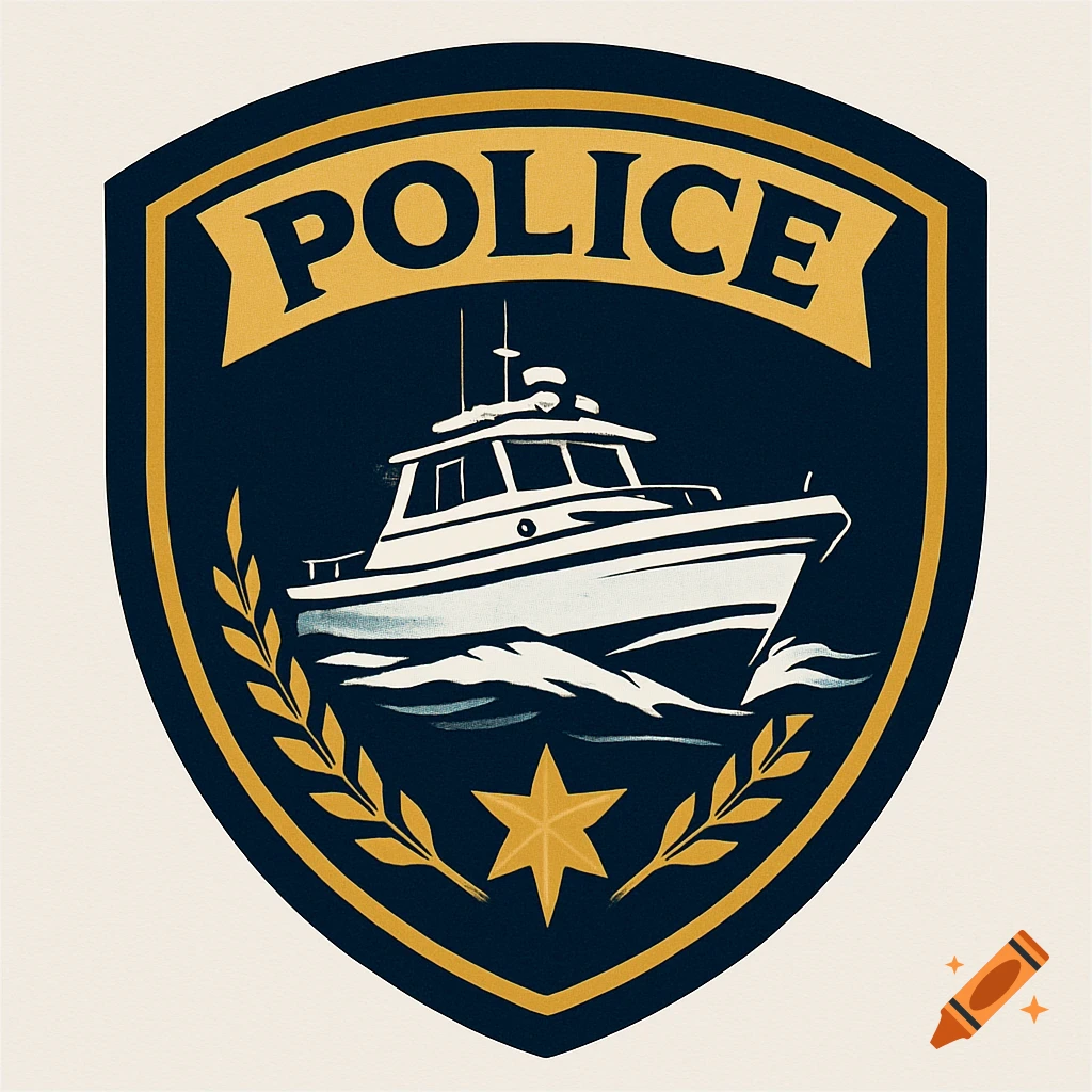A shield emblem with a boat, laurel branches, and a star, and the word POLICE on a banner.