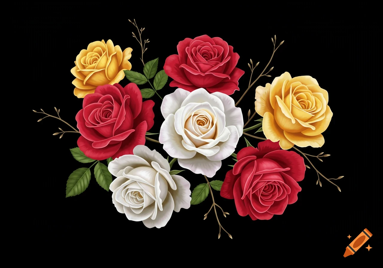 A bouquet of red, white, and yellow roses with leaves and branches on a black background.
