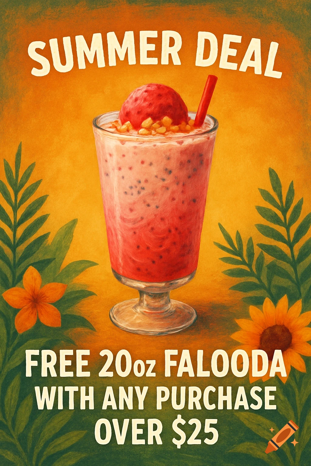Illustration of a Falooda drink with text 'SUMMER DEAL' and 'FREE 20oz FALOODA WITH ANY PURCHASE OVER $25'.