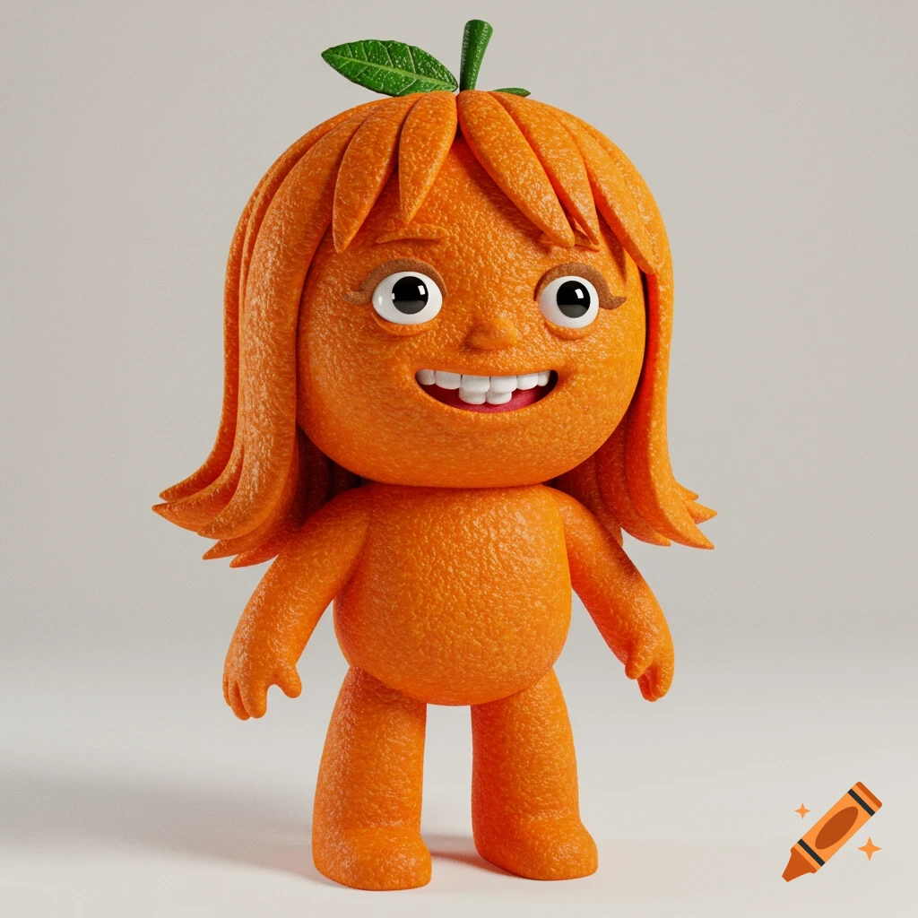 3D rendering of an anthropomorphic orange figure with orange hair and leaf stem, smiling.