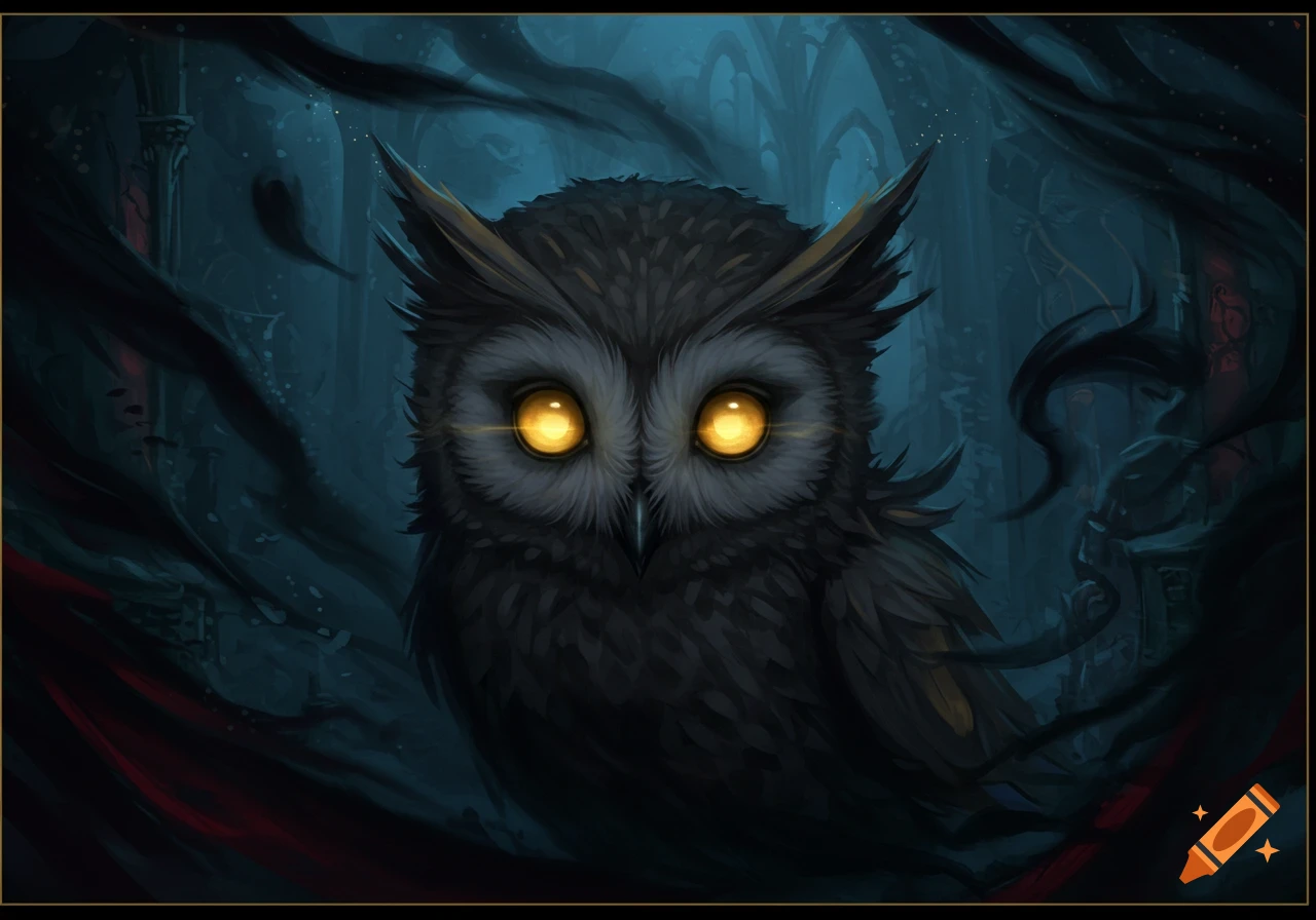 A close-up digital painting of a dark owl with glowing yellow eyes, emerging from shadows in a mysterious, dark forest or ruin.