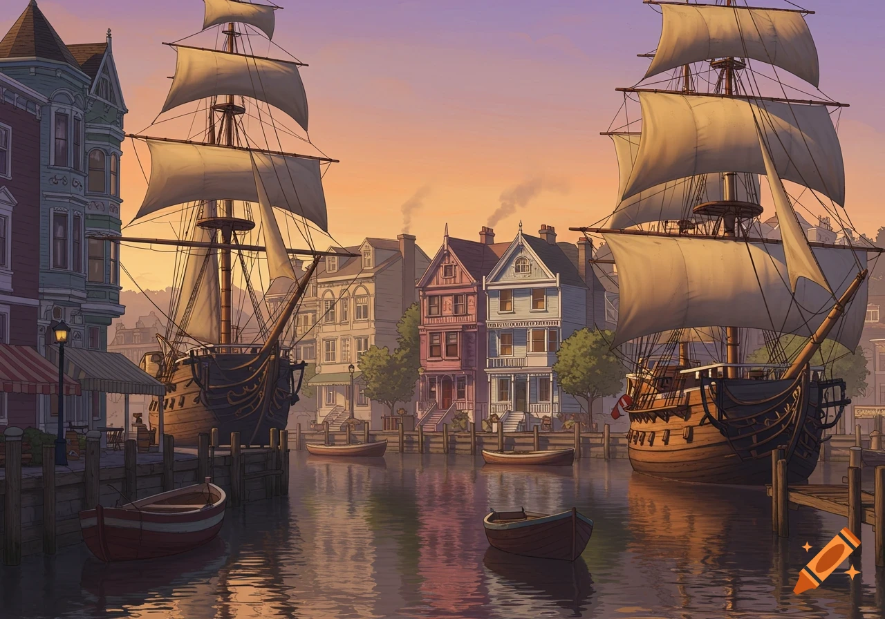 Illustrated harbor scene with tall ships and Victorian houses at sunset.