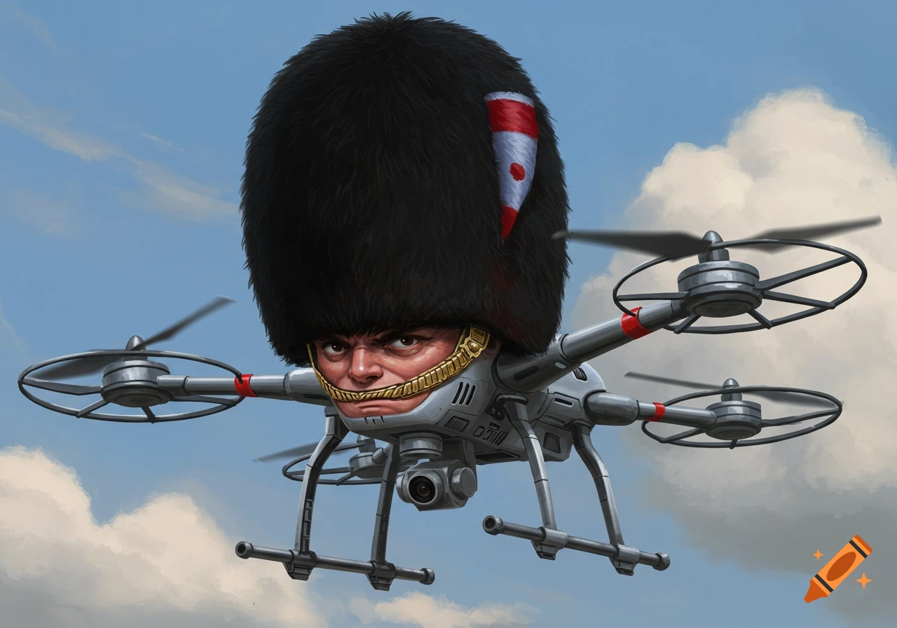 An illustration of a quadcopter drone with a human face wearing a British guard's hat, flying in a cloudy sky.
