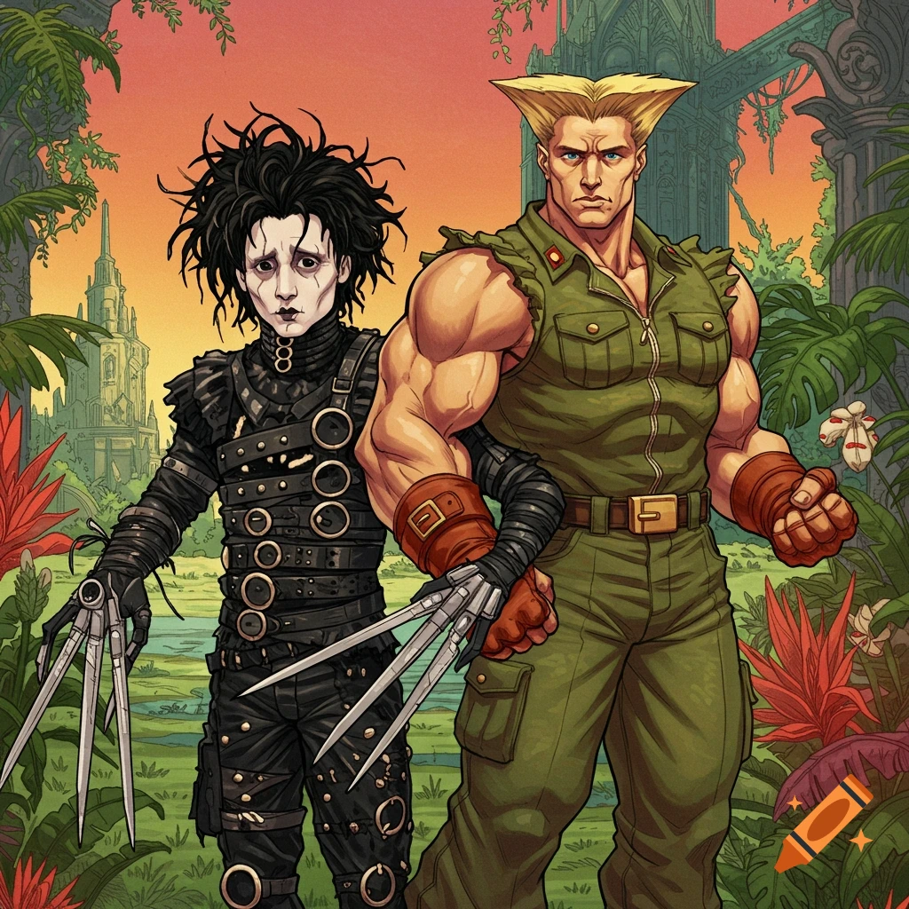 Edward Scissorhands and Guile stand in a jungle ruin setting in an illustration