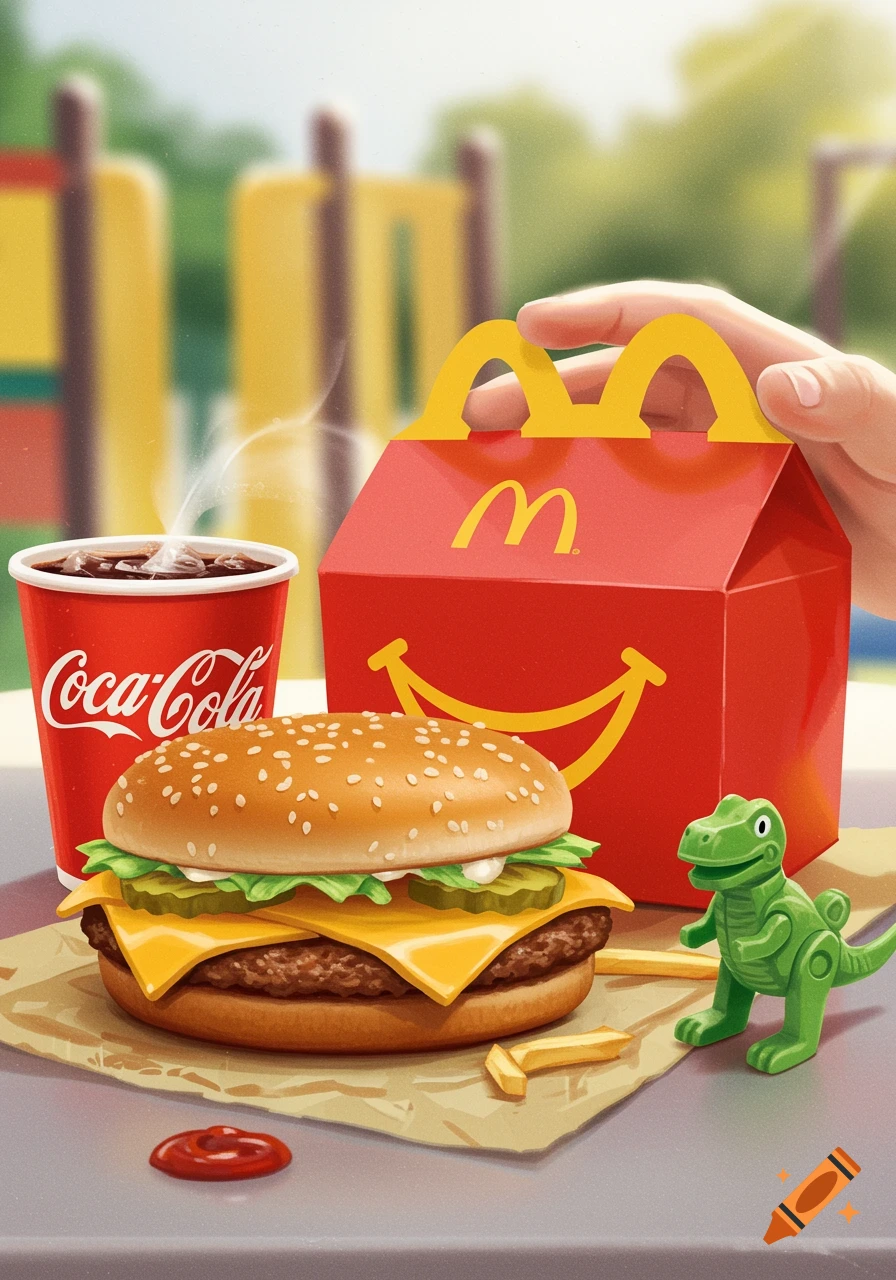 Illustration of a McDonald's Happy Meal with a burger, soda, and toy dinosaur on a table with a playground background.