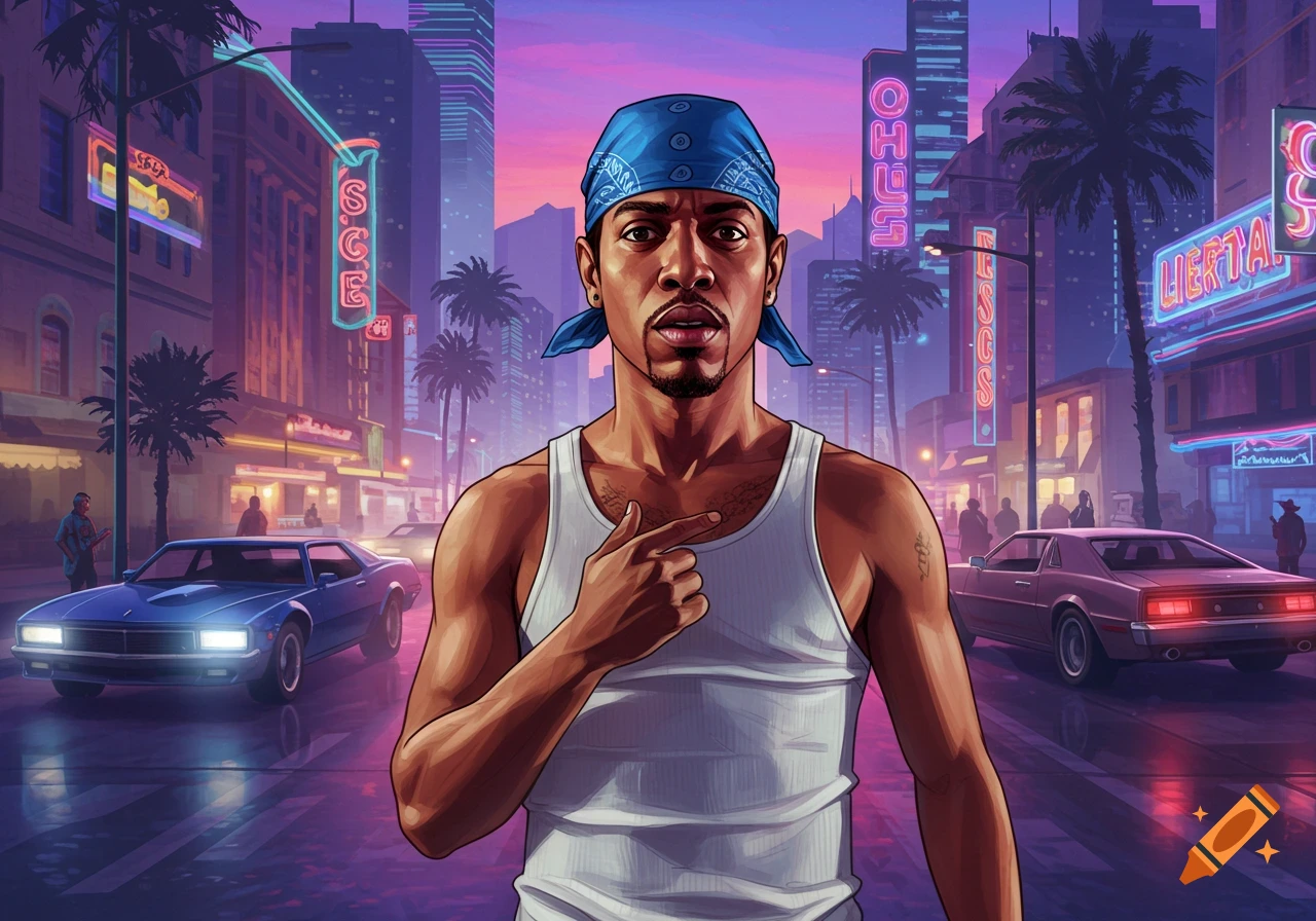 Stylized art of a man resembling CJ from GTA in a city street at dusk with neon signs.
