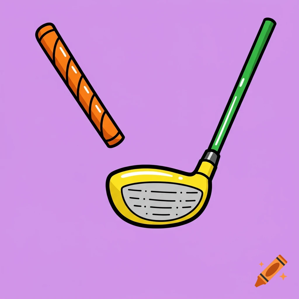 A clip art illustration of a yellow golf club driver and an orange grip against a purple background.