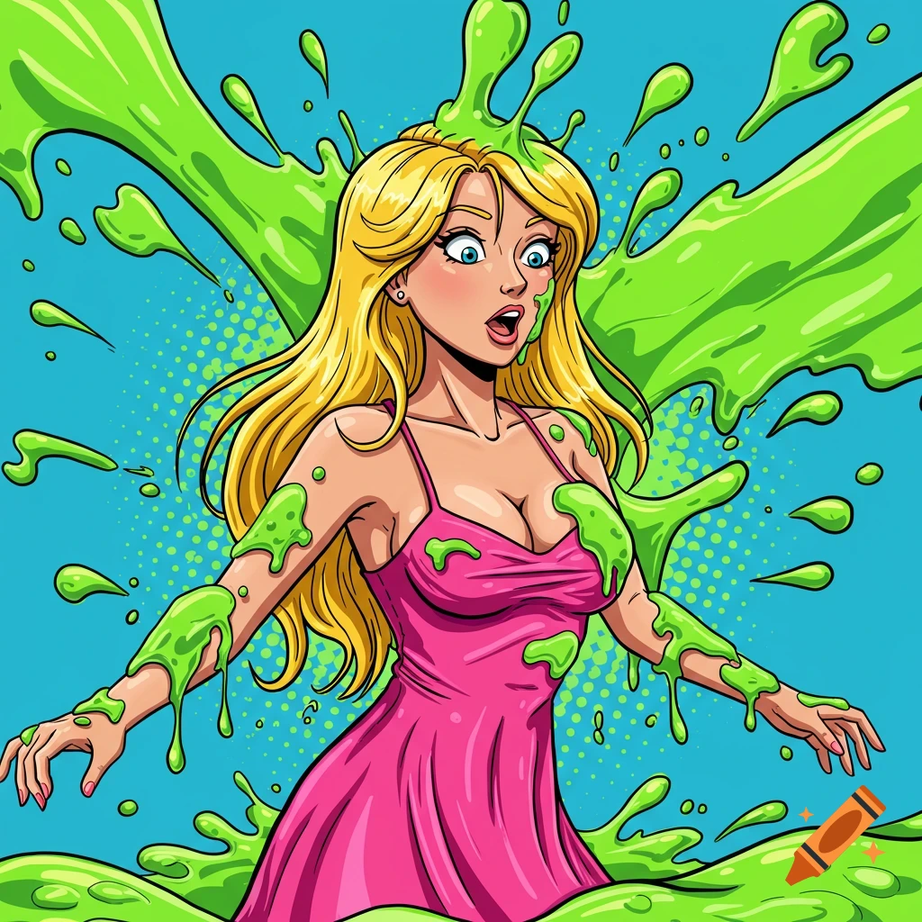 A woman getting splashed with green slime in a comic art style.