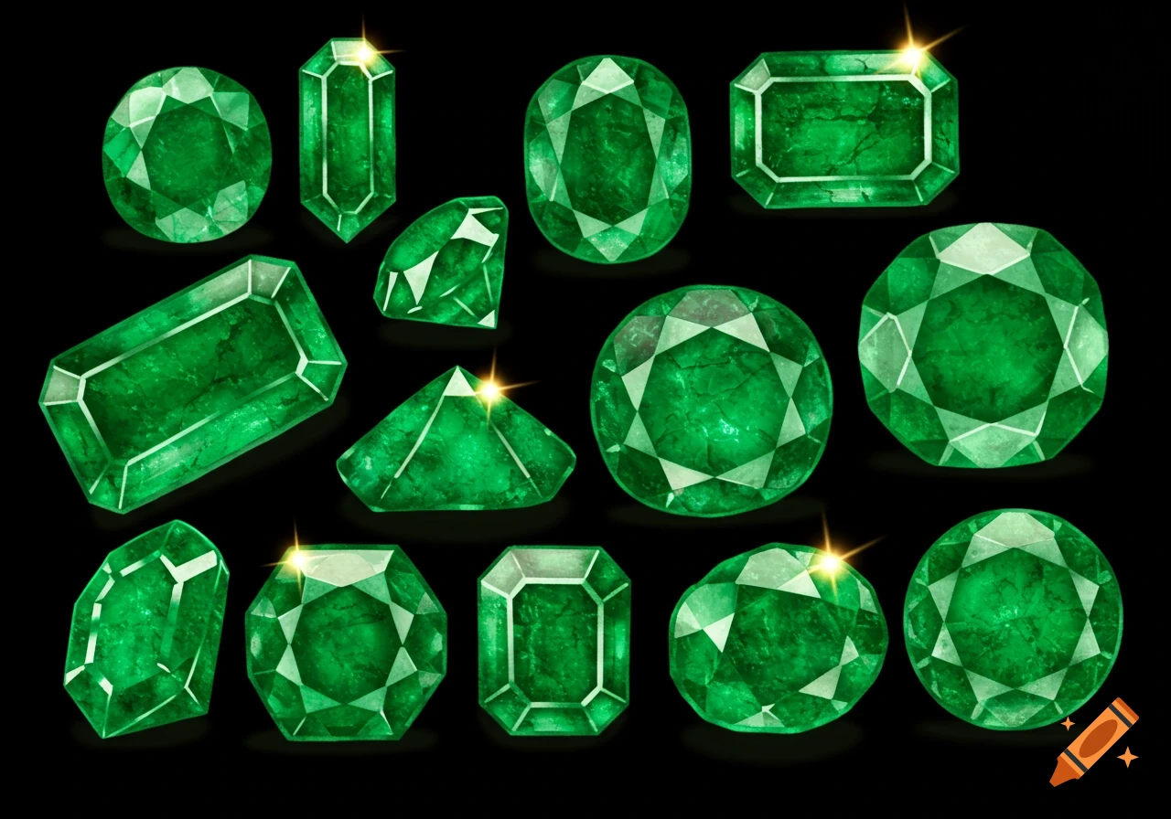 Various cuts of green emerald gemstones on a black background