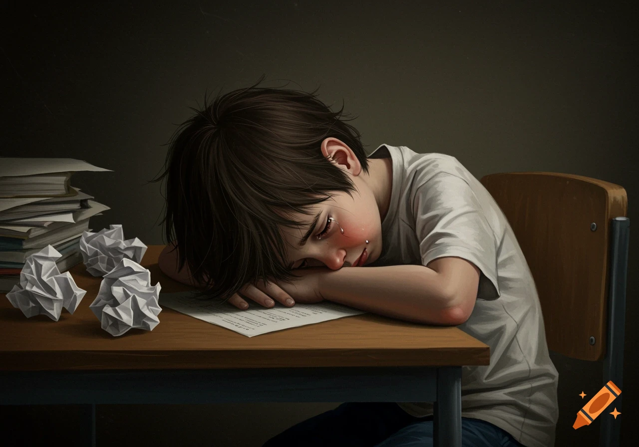 A sad child cries with their head down on a desk, surrounded by crumpled paper and books in a realistic illustration.