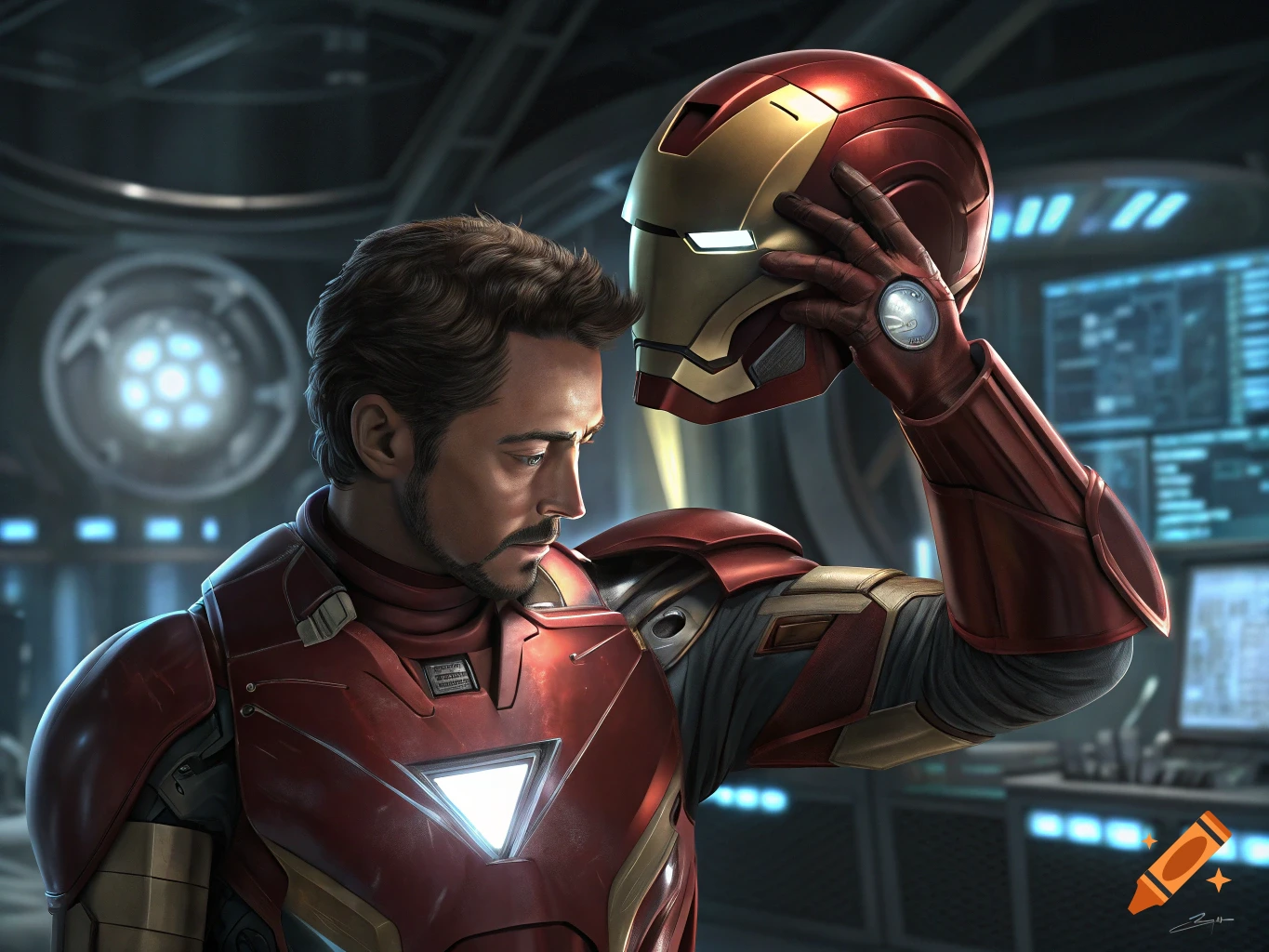 A man resembling Tony Stark removes the Iron Man helmet in a lab.