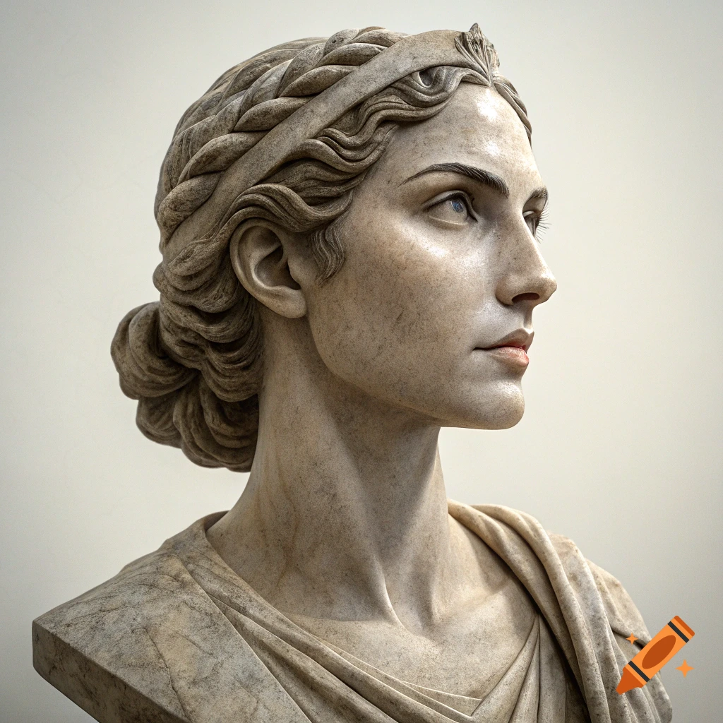 Marble bust of a woman in a classical Greek style, side profile.
