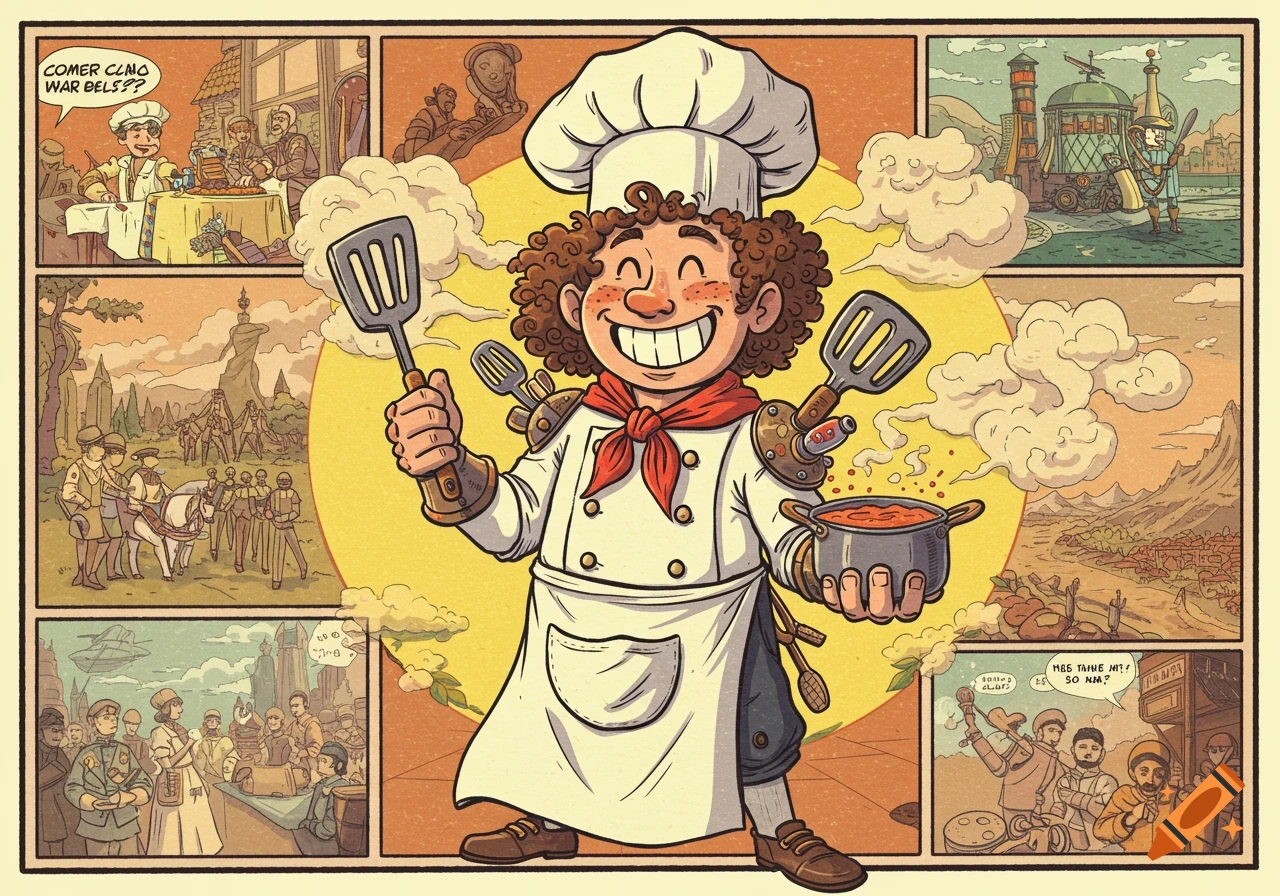 Comic strip of a time traveling chef holding spatulas and a pot, with panels depicting historical and steampunk scenes.