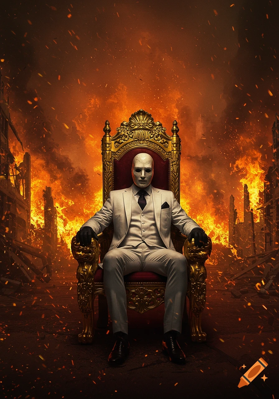 A masked man in a white suit sits on a golden throne in the middle of a burning city.
