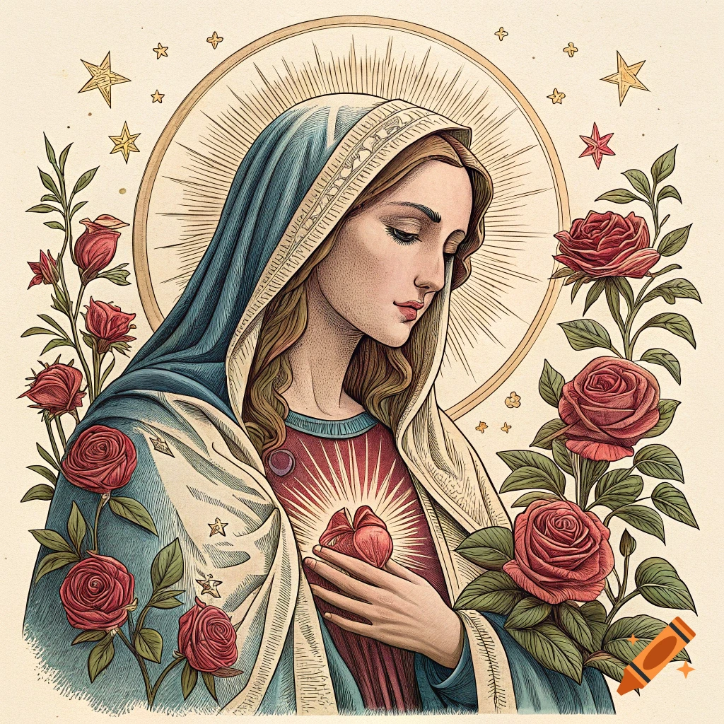 Linocut illustration of Mary with the Immaculate Heart surrounded by roses