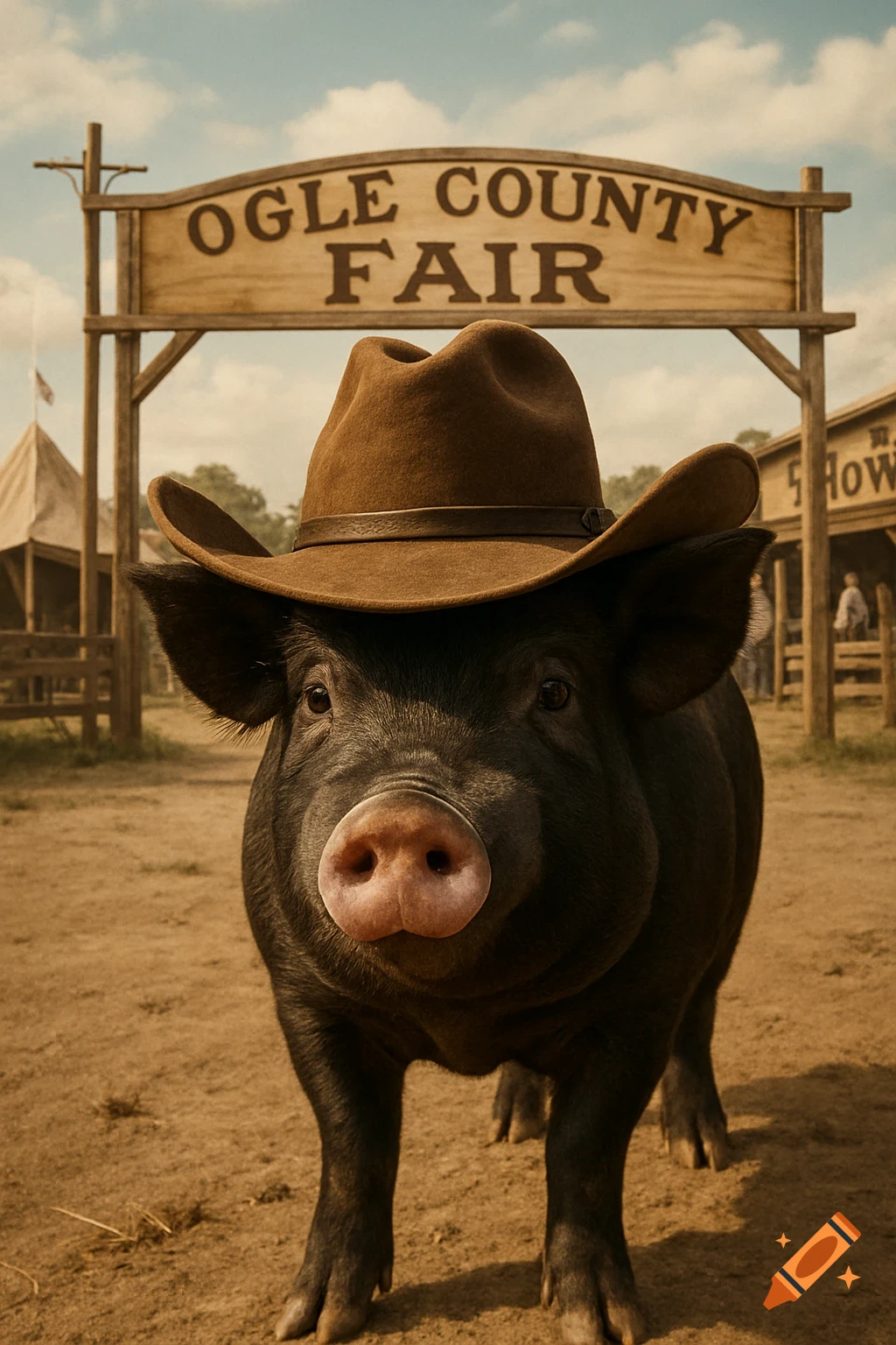 Close-up of a pig wearing a cowboy hat at the Ogle County Fair, photorealistic style.