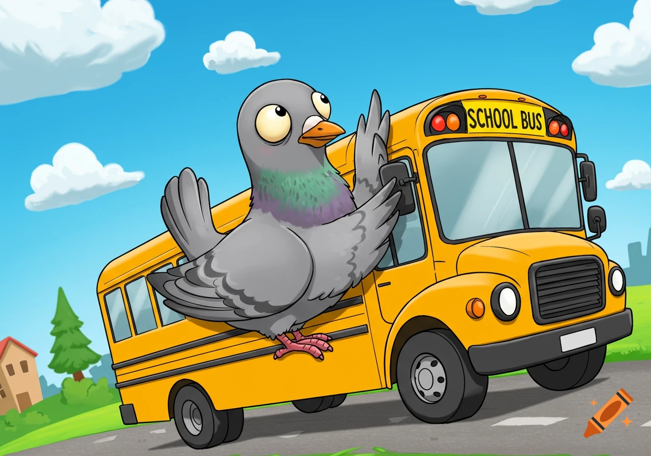 Cartoon pigeon riding on a yellow school bus
