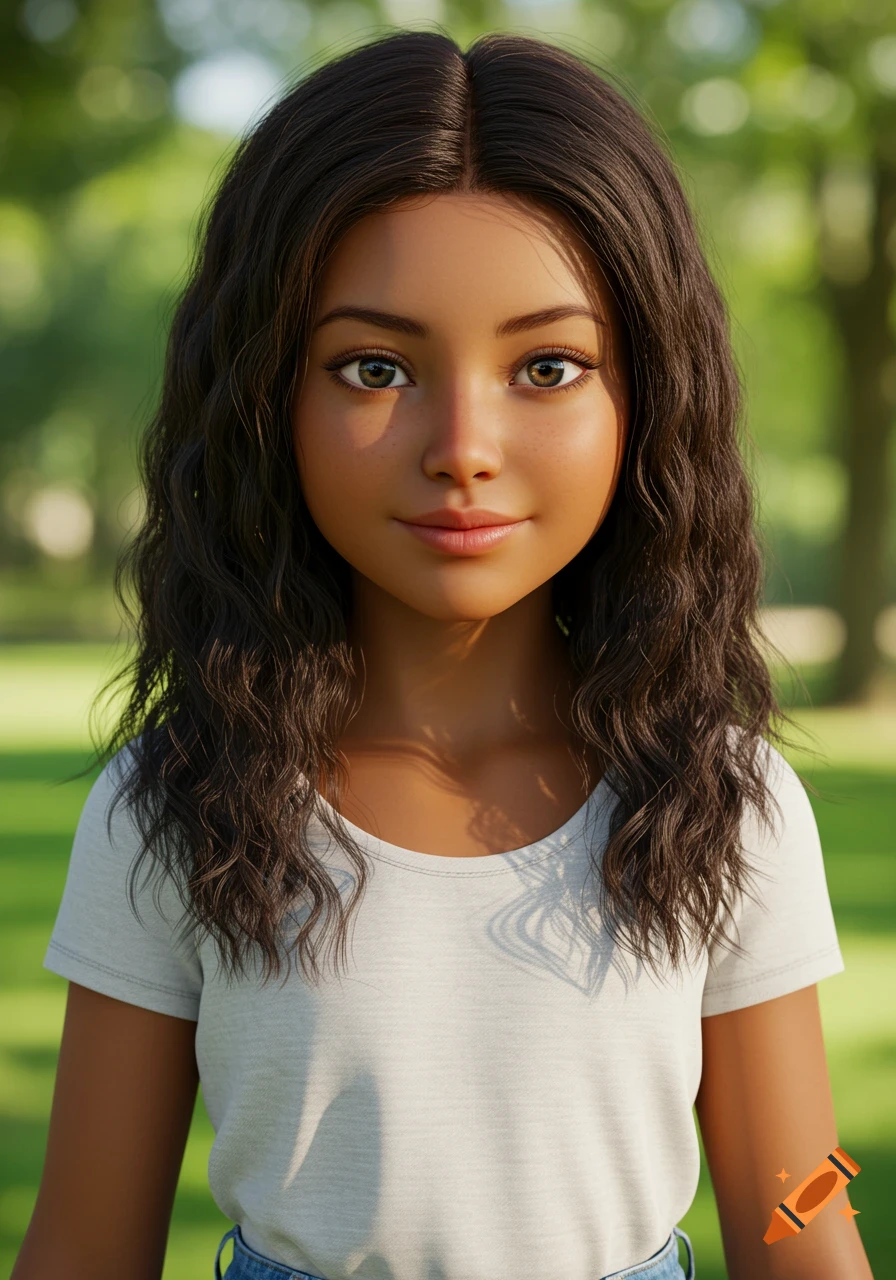 A stylized portrait of a young girl with dark hair and eyes standing in ...