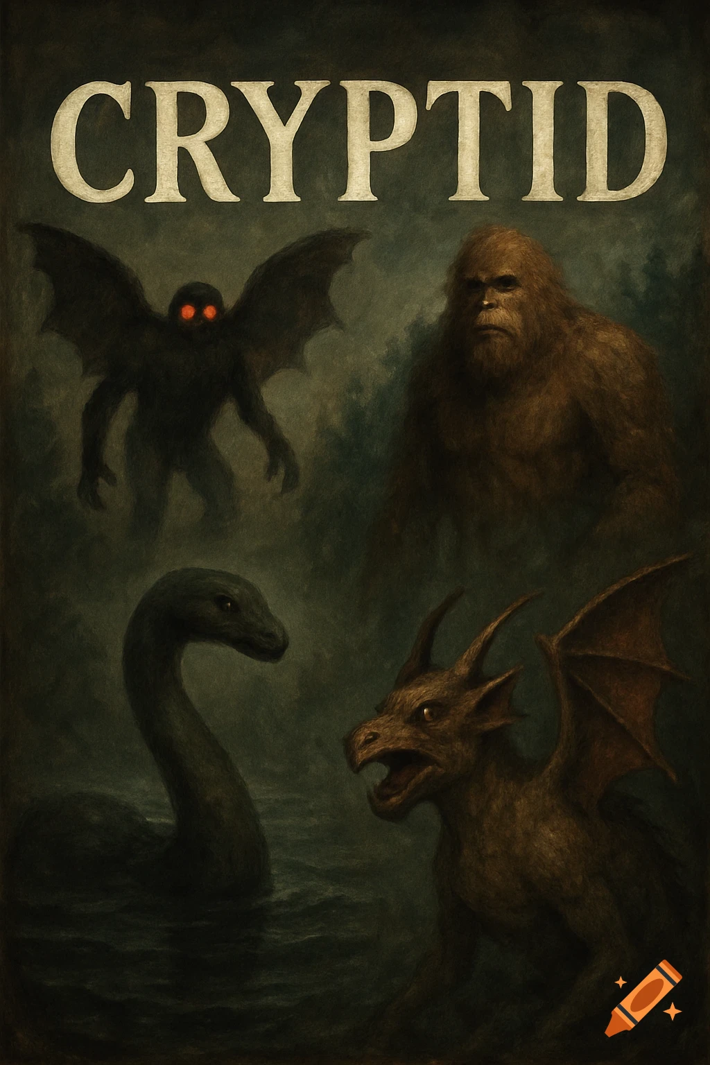 Dark illustration of cryptids Mothman, Bigfoot, sea serpent, and winged creature under the title CRYPTID.