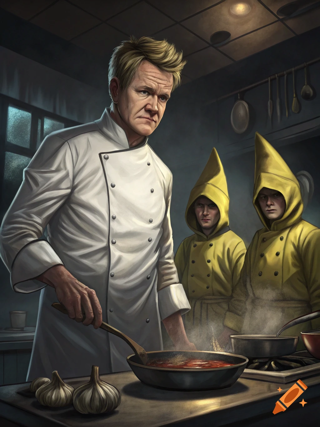 Gordon Ramsay cooking in a dark kitchen alongside two figures wearing yellow hooded cloaks.
