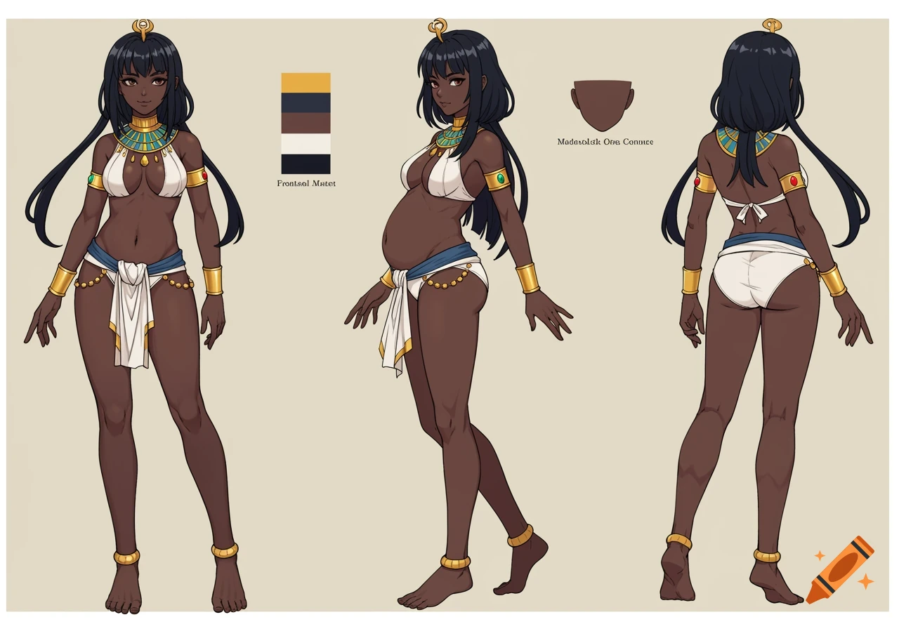 Anime character turnaround sheet showing a pregnant woman in Egyptian attire from front, side, and back views.