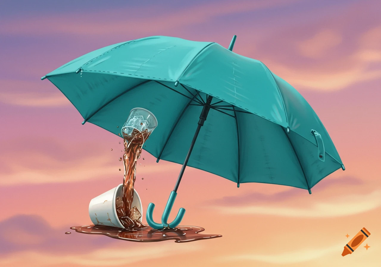 An upside-down turquoise umbrella catches spilling coffee or soda from a white cup against a pastel sky.