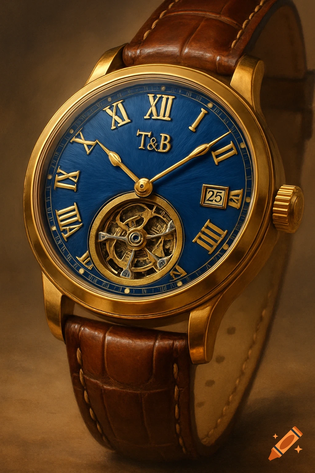 Close-up of a gold watch with blue dial, Roman numerals, date, tourbillon, and brown leather strap.