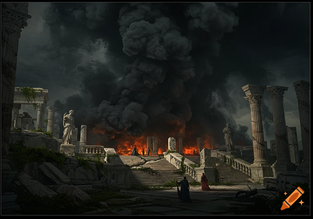 A ruined ancient city with columns, stairs, and figures, obscured by fire and a massive column of black smoke.