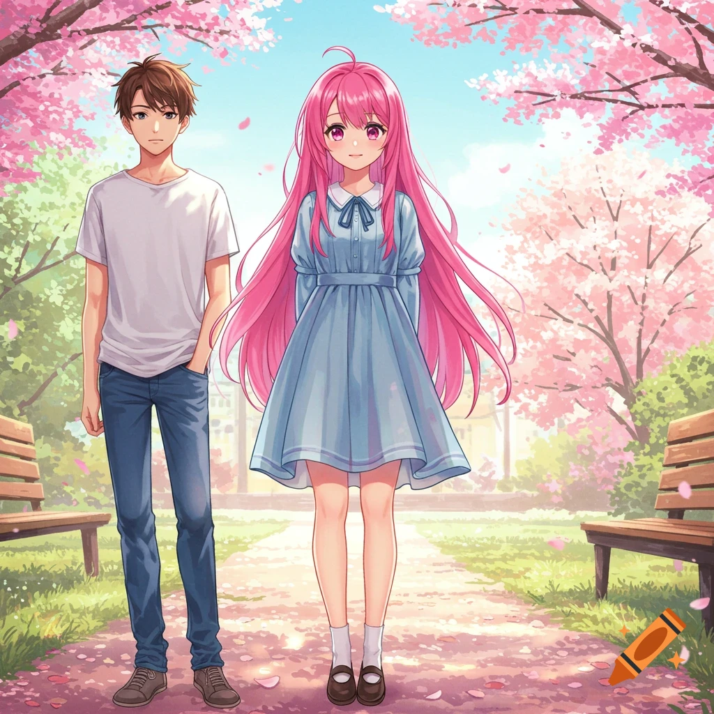 Anime couple standing under cherry blossom trees in a park