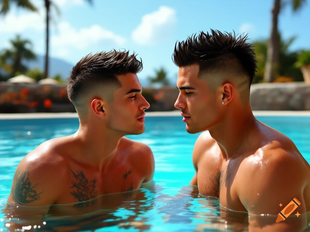 Two men in a swimming pool looking at each other on a sunny day.