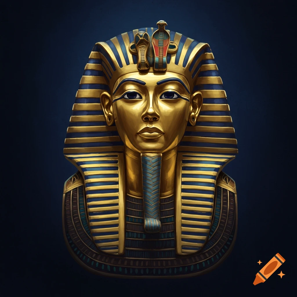 Golden Egyptian pharaoh mask with blue stripes on a dark background
