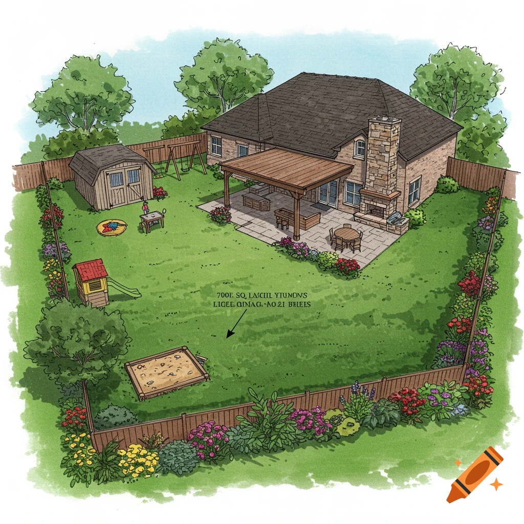 Hand-drawn illustration of a backyard with house, patio, shed, playground, sandbox, grass, and landscaping.