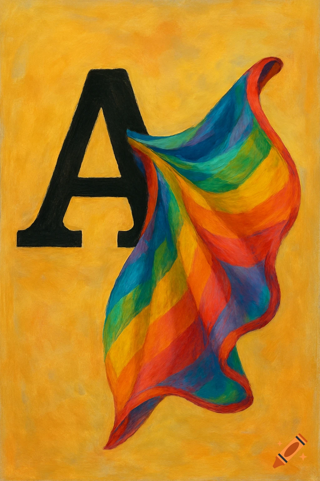 A black letter A with a flowing rainbow cloth on a yellow textured background.