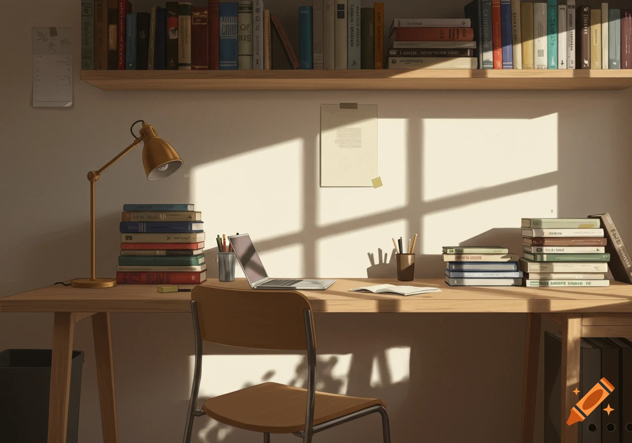 A sunlit desk with stacks of books, a lamp, laptop, and pencils