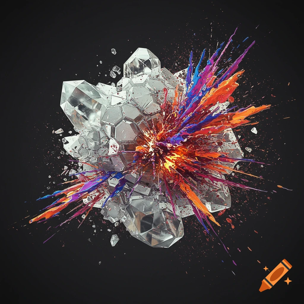 A clear crystal structure explodes with colorful orange, red, blue, and purple paint streaks on a black background.
