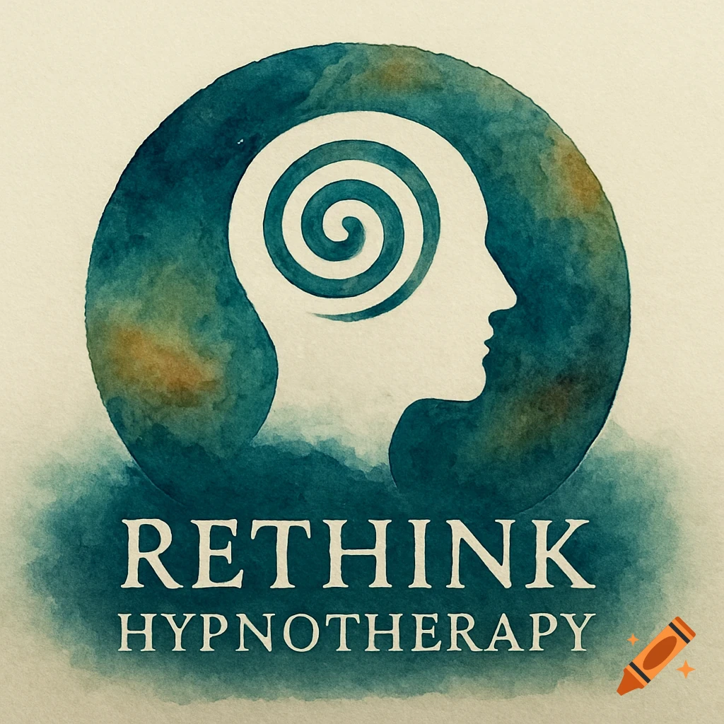 Watercolor logo with a head silhouette containing a spiral and the text 'Rethink Hypnotherapy'.