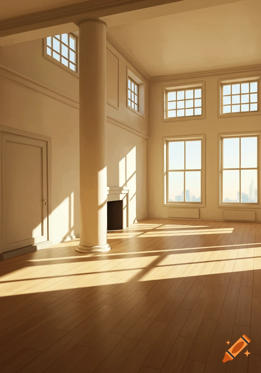 Empty room interior with large windows, column, and sunlight on wooden floor
