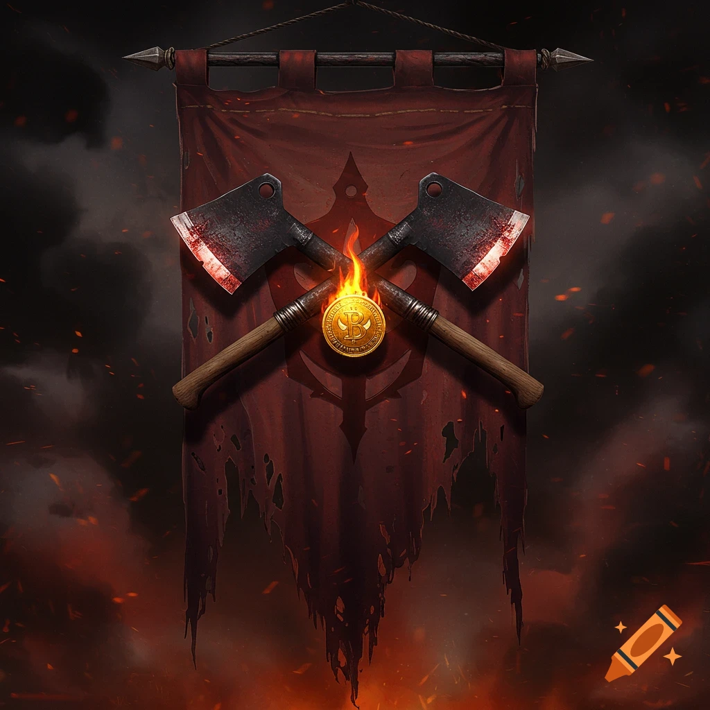 A tattered red war banner with crossed bloody cleavers and a burning gold coin against a fiery background.