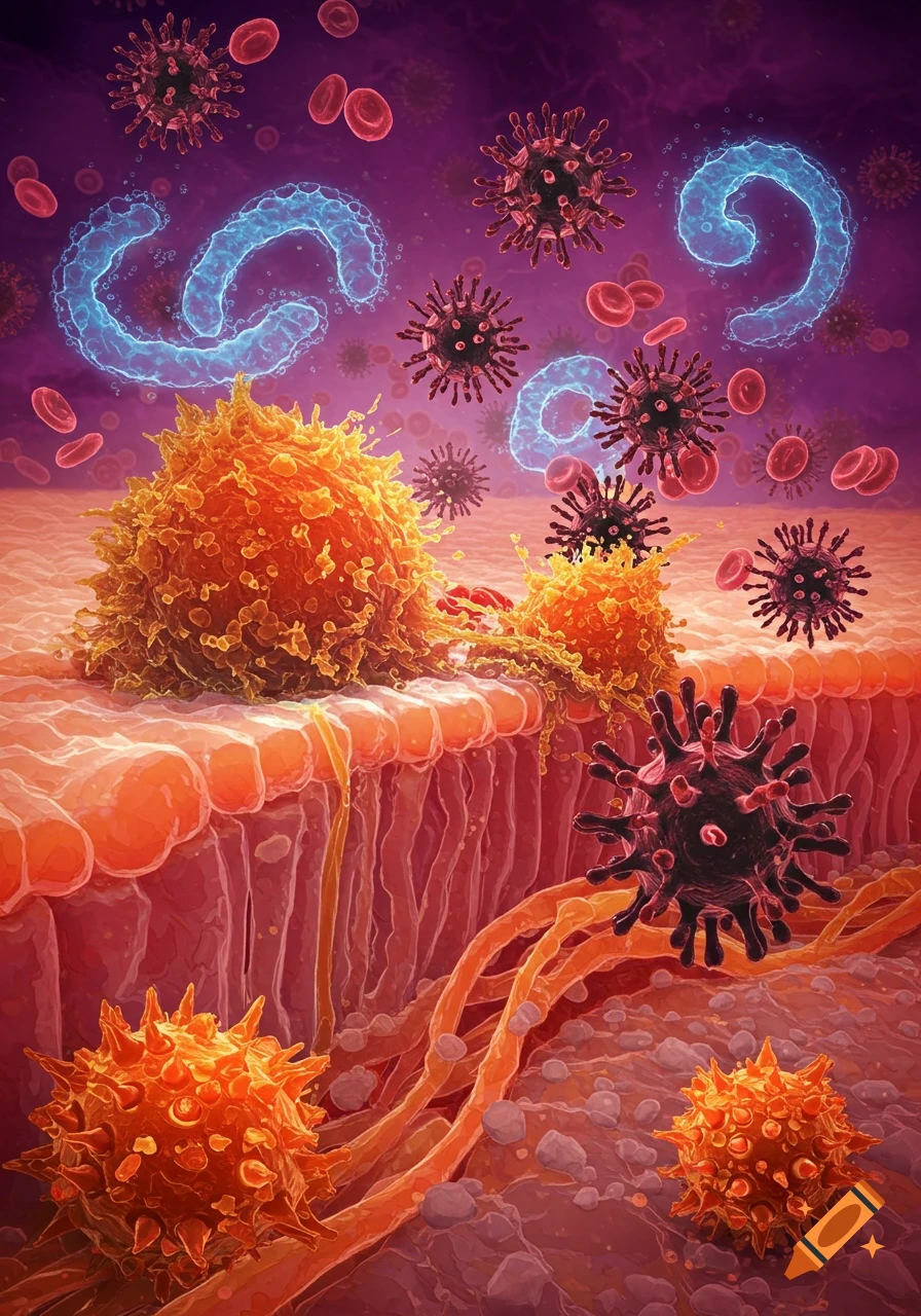 Microscopic view showing a biological war between large cells and viruses, with red blood cells and abstract glowing shapes.